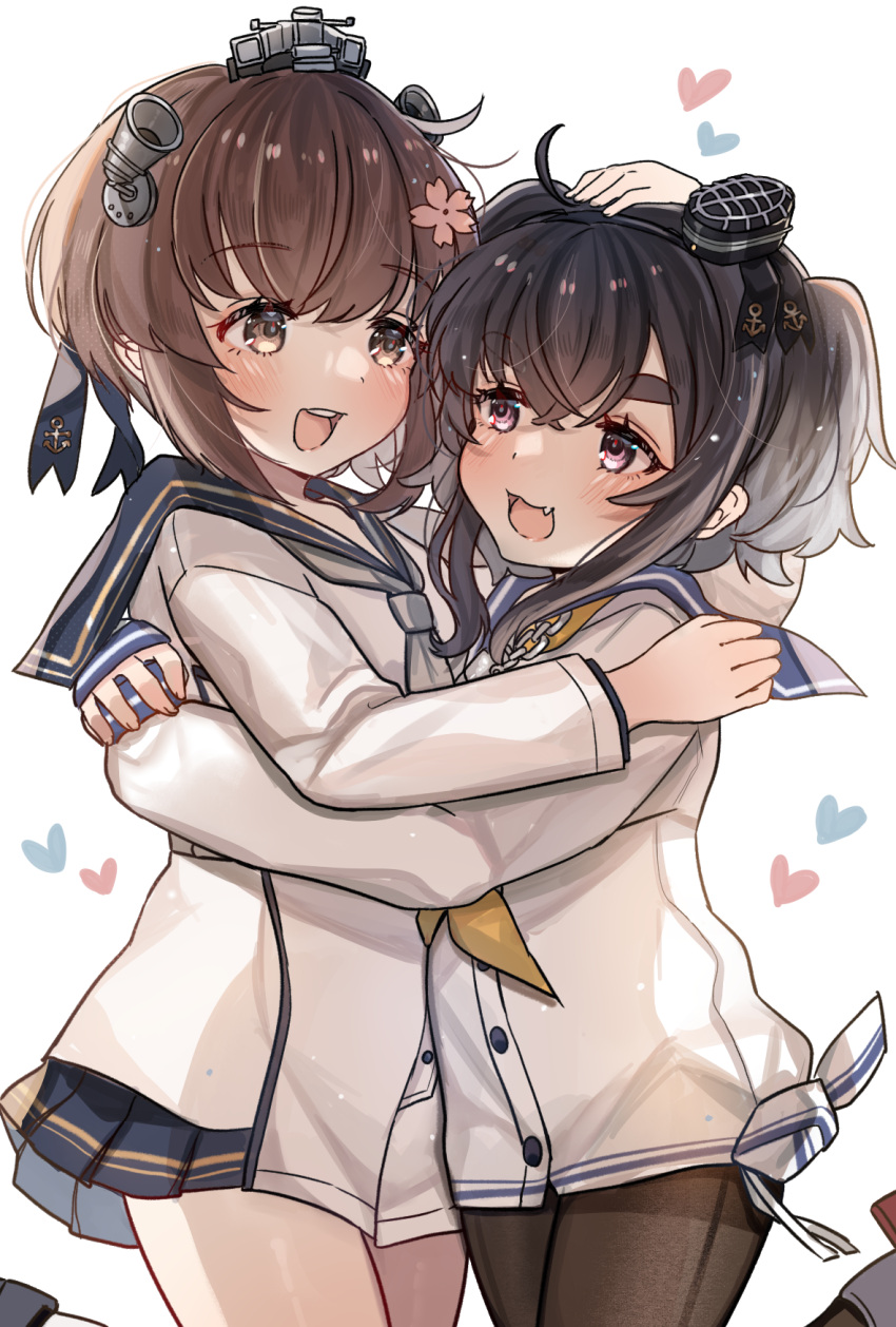 2girls black_hair black_pantyhose brown_eyes brown_hair cherry_blossoms dress flower gradient_hair grey_hair grey_neckerchief hair_flower hair_ornament hat heart highres hug kantai_collection kaomoji_(sagor00237) long_sleeves mini_hat multicolored_hair multiple_girls neckerchief pantyhose purple_eyes sailor_dress seamed_legwear shirt short_hair short_hair_with_long_locks side-seamed_legwear sidelocks smokestack_hair_ornament speaking_tube_headset tied_shirt tokitsukaze_(kancolle) yellow_neckerchief yukikaze_(kancolle) yukikaze_kai_ni_(kancolle) yuri