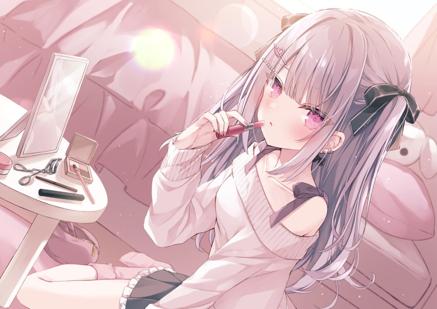 1girl bare_shoulders bed black_bow black_skirt blush bow bow_earrings breasts collarbone commentary_request cosmetics earrings eyelash_curler frilled_skirt frills grey_hair hair_bow hair_ornament hairclip hand_up heart heart_hair_ornament holding hoshi_(snacherubi) indoors jewelry lipstick_tube long_hair looking_at_viewer mirror no_shoes off-shoulder_sweater off_shoulder original parted_lips pillow pink_eyes pink_socks pleated_skirt skirt small_breasts socks solo sweater table two_side_up very_long_hair white_sweater
