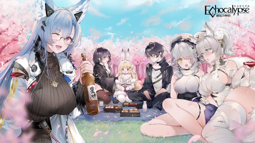 1boy 5girls animal_ears bandaged_leg bandages bare_shoulders bento black_hair black_sweater blonde_hair blue_hair bottle bra_visible_through_clothes breasts cherry_blossoms coat copyright_name echocalypse eriri_(echocalypse) fake_animal_ears falling_petals female_protagonist_(echocalypse) fenriru_(echocalypse) flower fur_collar glasses grass green_eyes grey_hair hair_flower hair_ornament hanami hat highres jewelry kinokohime male_protagonist_(echocalypse) military_hat multiple_girls necklace official_art one_eye_closed outdoors pantyhose petals purple_eyes rabbit_ears red_eyes ribbed_sweater rose second-party_source snezhana_(echocalypse) sova_(echocalypse) sweater tree turtleneck turtleneck_sweater white_coat white_flower white_pantyhose white_rose yellow_eyes