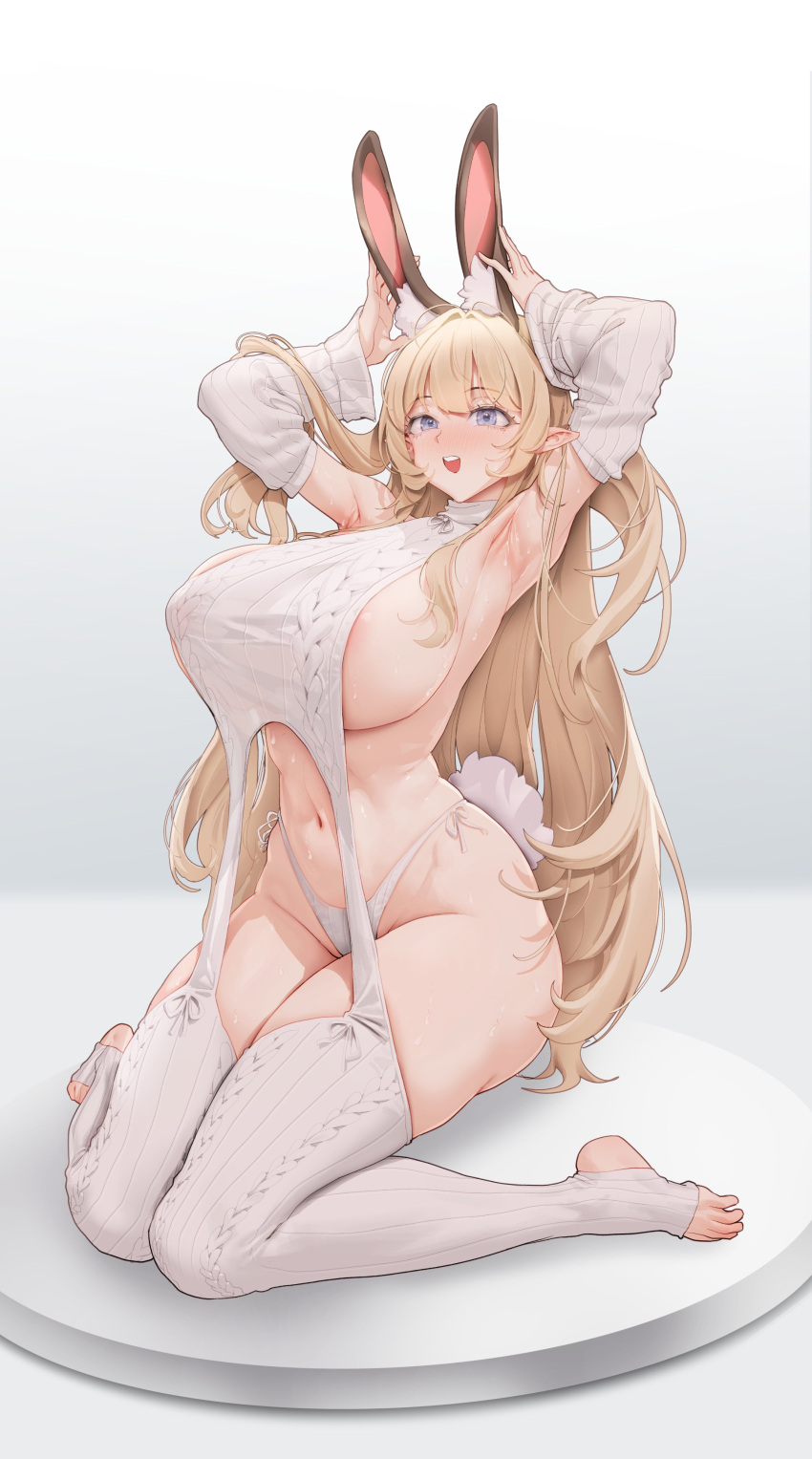 1girl :d absurdres animal_ears armpits arms_up blonde_hair blue_eyes blush breasts detached_sleeves grey_background highres large_breasts legs long_hair long_sleeves muloli navel no_shoes open_mouth original pointy_ears rabbit_ears rabbit_tail sideboob simple_background sitting smile solo stirrup_legwear stomach tail thighs toeless_legwear toes virgin_destroyer_sweater wariza