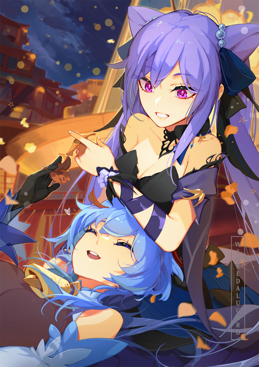 1girl ahoge architecture bangs bare_shoulders bell black_dress blue_hair bow_choker breasts cleavage closed_eyes cone_hair_bun detached_sleeves diamond-shaped_pupils diamond_(shape) dress east_asian_architecture ganyu_(genshin_impact) genshin_impact hair_bun hair_ears highres horns ian_olympia keqing_(genshin_impact) keqing_(opulent_splendor)_(genshin_impact) long_hair looking_at_another lying medium_breasts neck_bell night official_alternate_costume on_back open_mouth pearl_hair_ornament purple_eyes purple_hair sidelocks smile strapless strapless_dress symbol-shaped_pupils two-tone_dress valentine white_sleeves yuri