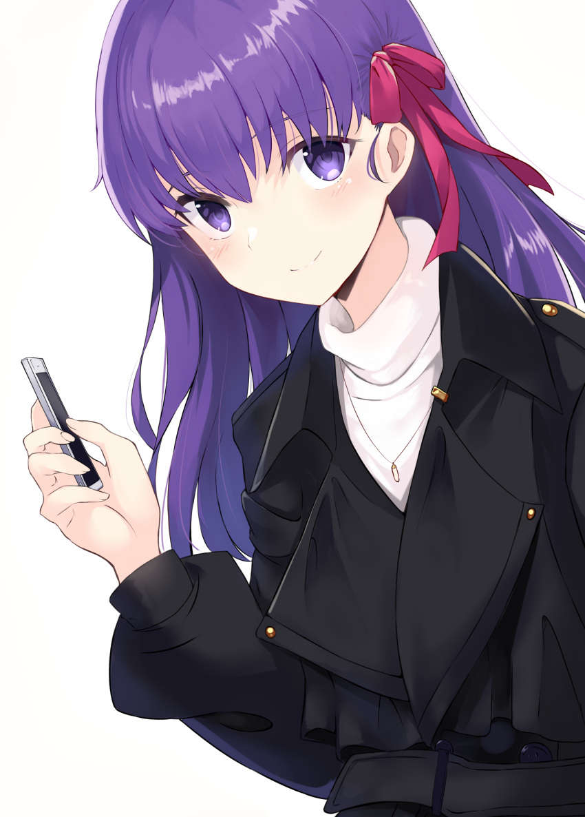 1girl absurdres bangs black_coat blush bow cellphone closed_mouth coat commentary_request fate/stay_night fate_(series) hair_between_eyes hair_bow hand_up highres holding holding_phone i.f.s.f long_hair long_sleeves looking_at_viewer matou_sakura phone puffy_long_sleeves puffy_sleeves purple_eyes purple_hair red_bow shirt simple_background smile solo turtleneck white_background white_shirt