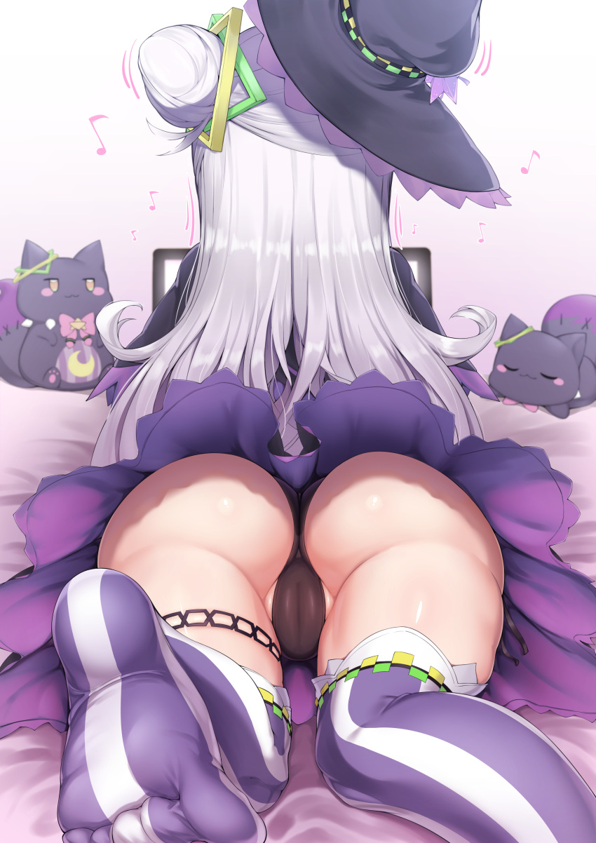 1girl absurdres ajishio_(loli_king) ass black_capelet black_headwear black_panties cameltoe capelet feet from_behind grey_hair hair_bun hat highres hololive long_hair lying murasaki_shion musical_note no_shoes on_stomach panties purple_thighhighs single_side_bun skirt solo striped striped_thighhighs thighhighs underwear vertical-striped_thighhighs vertical_stripes virtual_youtuber white_thighhighs witch_hat