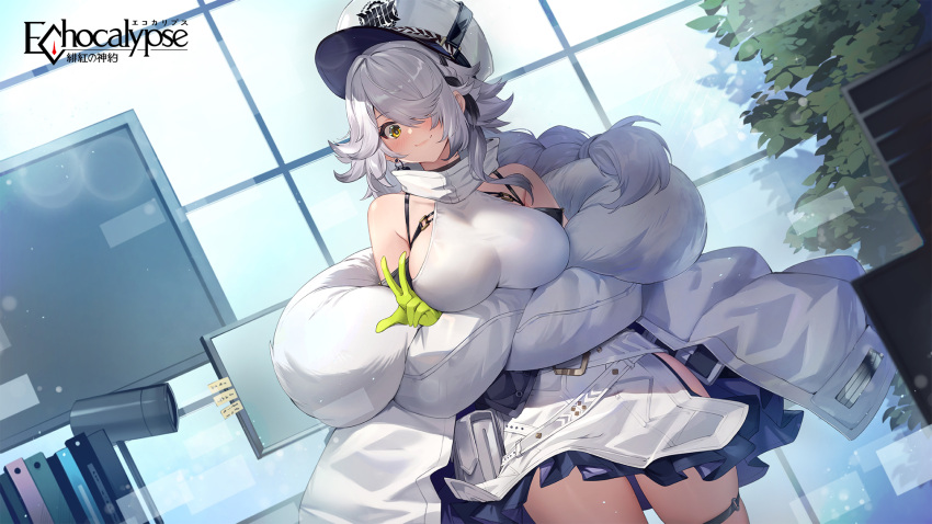 1girl arms_under_breasts breasts closed_mouth commentary copyright_name cowboy_shot crossed_arms earrings echocalypse frills gloves green_gloves grey_hair hair_over_one_eye hat highres indoors jacket jewelry large_breasts leaf leotard looking_at_viewer official_art one_eye_covered peaked_cap raijuu_(bakanara) second-party_source smile sova_(echocalypse) textless_version thigh_strap v white_headwear white_jacket white_leotard window yellow_eyes yellow_gloves