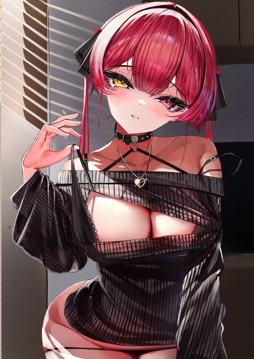 1girl alternate_costume black_bra black_collar black_panties black_sweater blinds bra bra_pull breasts cleavage cleavage_cutout clothes_pull clothing_cutout collar hand_up heterochromia highres hololive houshou_marine large_breasts leaning_forward long_hair looking_at_viewer lumium no_pants off-shoulder_sweater off_shoulder panties panty_pull parted_lips pulled_by_self red_eyes red_hair solo strap_slip sweater twintails underwear virtual_youtuber yellow_eyes
