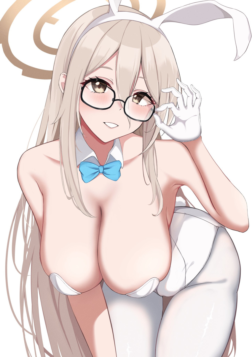 akane_(blue_archive) akane_(bunny)_(blue_archive) animal_ears aqua_bow aqua_bowtie bent_over blue_archive bow bowtie breasts brown_eyes cleavage detached_collar fake_animal_ears glasses gloves hair_between_eyes half_gloves halo hanging_breasts highres holding holding_eyewear kana_(wucz8478) large_breasts leotard light_brown_hair long_hair official_alternate_costume pantyhose playboy_bunny rabbit_ears smile strapless strapless_leotard traditional_bowtie white_background white_gloves white_leotard white_pantyhose