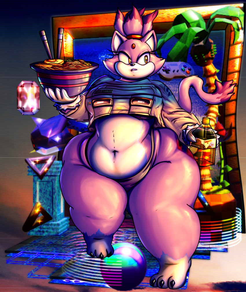 abstract_background accessory anthro belly beverage big_belly big_breasts big_butt blaze_the_cat bra breasts butt chopsticks chubby_face claws clothing fat_rolls felid feline female flabby_legs food fur gloves hair_accessory hair_ring handwear hi_res mammal nintendo nobody-64 obese obese_anthro obese_female overweight overweight_anthro overweight_female panties psychedelic_background red_gem sega solo sonic_the_hedgehog_(series) super_nintendo sweatshirt thick_thighs toe_claws underwear white_body white_clothing white_fur white_gloves white_handwear wide_hips