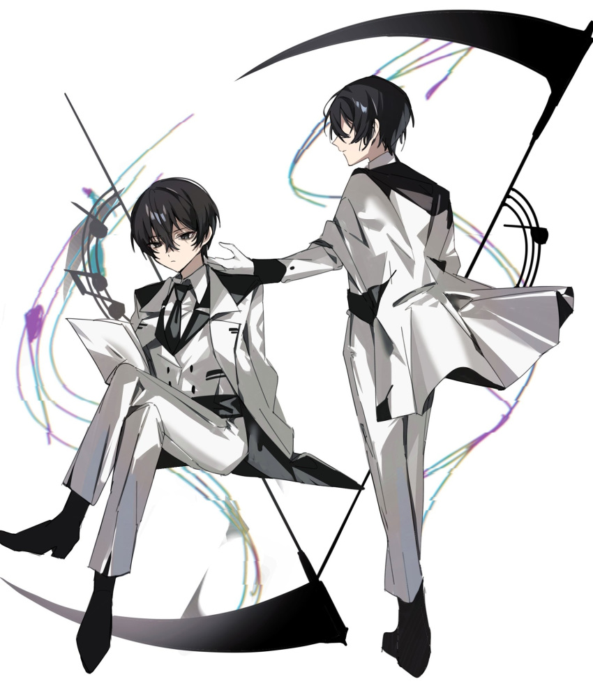 2boys black_hair black_necktie collared_shirt crossed_legs e.g.o_(project_moon) formal from_behind full_body highres holding holding_scythe invisible_chair jacket limbus_company mu46016419 multiple_boys musical_note necktie pants project_moon scythe shirt simple_background sinclair_(limbus_company) sitting standing suit the_silent_orchestra white_background white_jacket white_pants white_shirt white_suit yi-sang_(limbus_company)