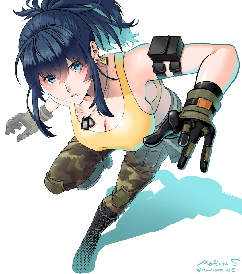 1girl absurdres armlet bare_shoulders blue_eyes blue_hair boots breasts camouflage camouflage_pants combat_boots dog_tags gloves highres large_breasts leona_heidern pants ponytail sakura_mafumi signature solo tank_top the_king_of_fighters the_king_of_fighters_xv twitter_username white_background yellow_tank_top