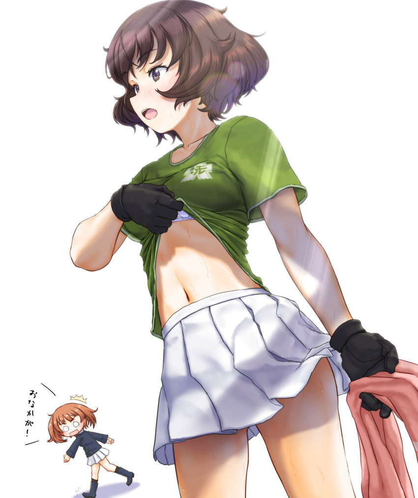 2girls abs absurdres akiyama_yukari black_gloves blue_jacket bra brown_eyes brown_hair clothes_lift emblem girls_und_panzer gloves green_shirt highres holding holding_towel jacket legs lens_flare lifted_by_self long_sleeves multiple_girls mushinosuke nishizumi_miho ooarai_(emblem) ooarai_military_uniform school_uniform shirt shirt_lift short_sleeves skirt surprised sweat towel translation_request underwear white_background white_bra white_skirt