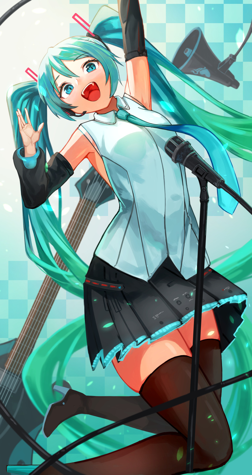 1girl absurdres aqua_background aqua_eyes aqua_hair aqua_necktie bangs black_skirt black_thighhighs boots collared_shirt commentary detached_sleeves esp_stream-miku-custom gradient_background guitar haido_(unisan) hatsune_miku hatsune_miku_(vocaloid4) high_heel_boots high_heels highres instrument koi_wa_sensou_(vocaloid) long_hair looking_at_viewer megaphone necktie open_mouth pleated_skirt shirt skirt solo teeth thigh_boots thighhighs twintails upper_teeth_only v4x vocaloid white_shirt