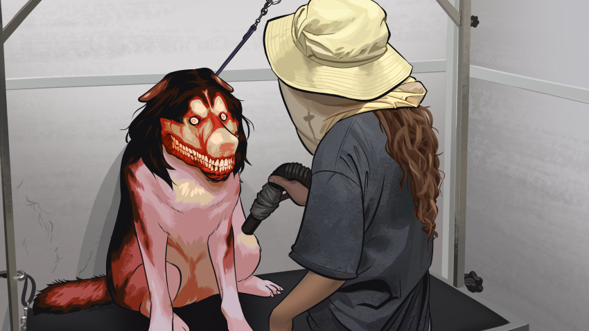 1girl angusburgers brown_hair creepypasta hat highres holding indoors long_hair looking_at_another open_mouth shirt short_sleeves sitting smile_dog standing teeth