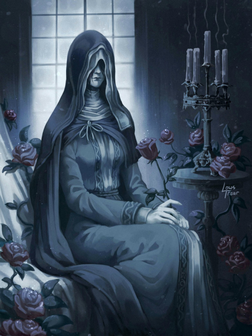 1girl artist_name black_hair black_hood candle candlestand closed_mouth cold covered_eyes dark_souls_(series) dark_souls_iii flower frost highres leaf lowstrear nun rose sister_friede sitting smoke solo window