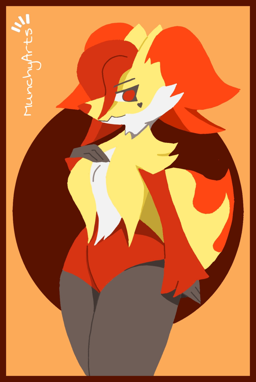 anthro big_breasts big_tail black_body black_fur border breasts canid canine clothed clothing delphox fan_character fox fur generation_6_pokemon hi_res intersex intersex/male mahi_(munchyartz) male mammal munchyartz nintendo orange_border partially_clothed pokemon pokemon_(species) red_body red_fur short_fur simple_background solo tail thick_thighs white_body white_fur yellow_body yellow_fur