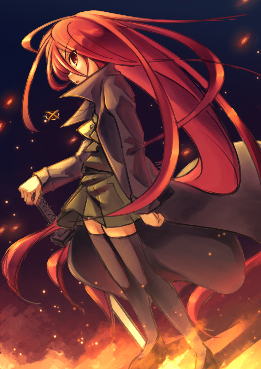 1girl absurdres alastor_(shakugan_no_shana) bangs black_coat black_thighhighs coat dutch_angle floating_hair from_side green_jacket green_skirt hair_between_eyes hand_on_hilt highres jacket jewelry long_hair miniskirt misaki_high_school_uniform necklace open_clothes open_coat open_mouth pleated_skirt profile red_eyes red_hair school_uniform shakugan_no_shana shana sketch skirt solo standing sword th-asary800 thighhighs very_long_hair weapon zettai_ryouiki