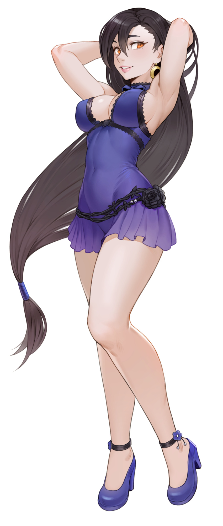1girl absurdres arms_up black_hair breasts brown_eyes cheshirrr covered_navel dress final_fantasy final_fantasy_vii final_fantasy_vii_remake full_body highres long_hair looking_at_viewer low-tied_long_hair medium_breasts purple_dress smile solo standing tifa_lockhart tifa_lockhart's_refined_dress white_background
