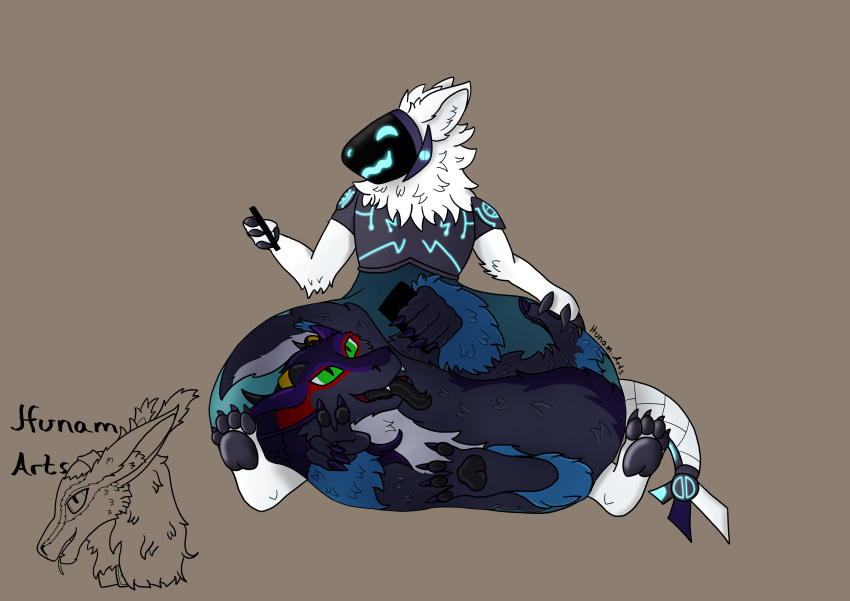 absurd_res anthro armor belly big_belly blue_body blue_fur breastplate claws curled_up dragon duo ears_back footprint fur green_eyes grey_body grey_fur hi_res horn horn_jewelry horn_ring hunam hunamarts inner_ear_fluff internal machine male mammal neck_tuft pawpads pawprint paws phone pivoted_ears protogen protogen_visor ring_(jewelry) selfie sitting tail tuft visor vore white_body white_fur