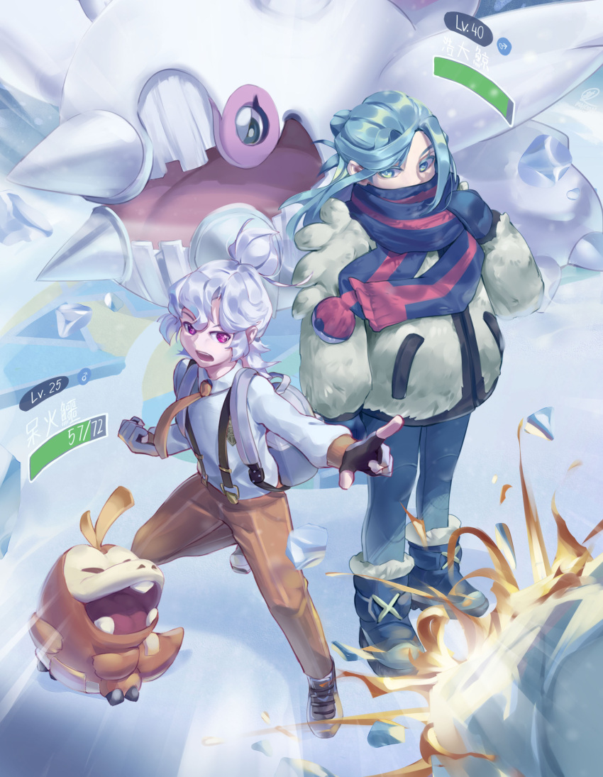 2boys absurdres alternate_eye_color alternate_hair_color backpack bag bangs blue_mittens boots cetitan clenched_hand collared_shirt commentary_request fingerless_gloves florian_(pokemon) fuecoco gloves grusha_(pokemon) hand_up health_bar highres jacket maigandayo male_focus mars_symbol multiple_boys necktie open_mouth orange_necktie orange_pants pants pink_eyes pointing pokemon pokemon_(creature) pokemon_(game) pokemon_sv scarf shirt shoes short_hair standing striped striped_scarf white_hair
