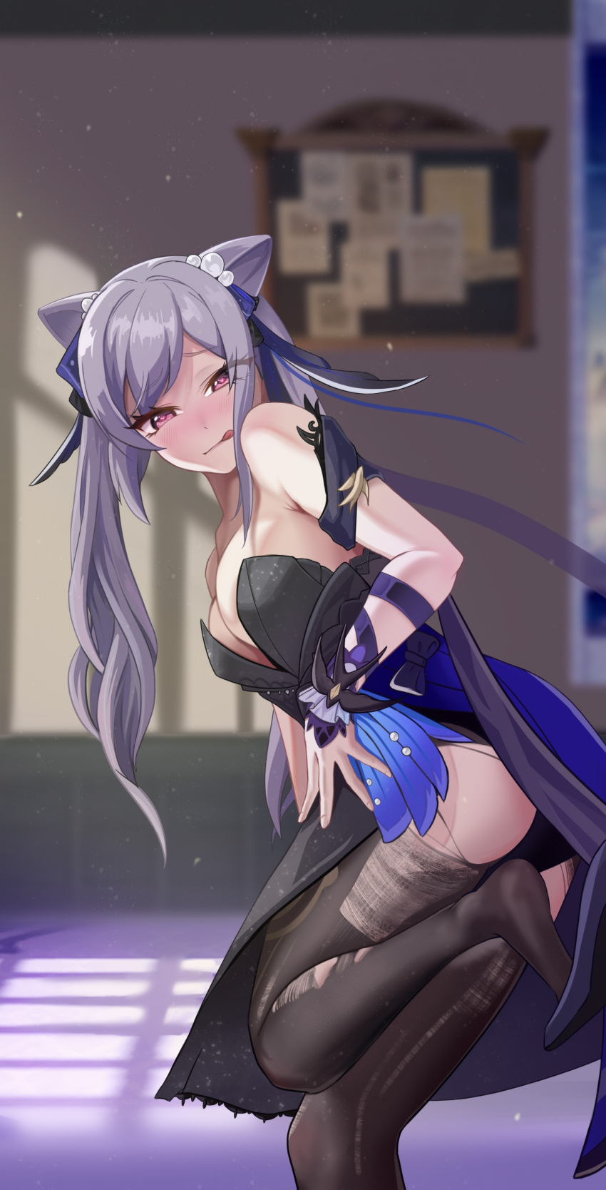 1girl :q absurdres black_panties black_pantyhose blurry blurry_background blush breasts cleavage cone_hair_bun dress genshin_impact hair_bun highres indoors keqing_(genshin_impact) large_breasts leg_up long_hair looking_at_viewer mikae_(famu8783) panties pantyhose purple_hair red_eyes sash sideboob solo standing standing_on_one_leg strapless strapless_dress tongue tongue_out torn_clothes torn_pantyhose twintails underwear