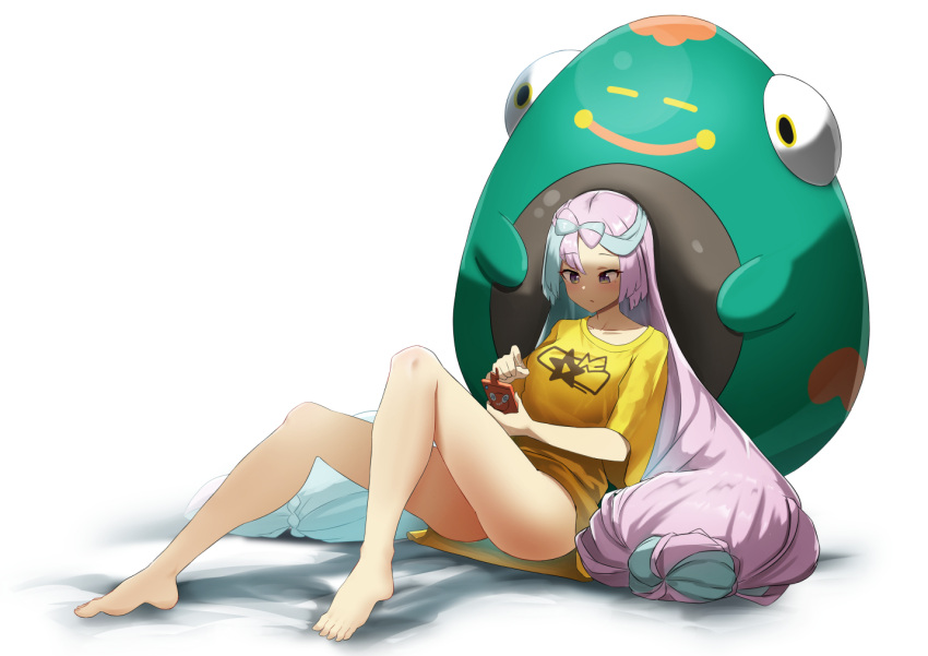 1girl alternate_costume bangs bare_legs barefoot bellibolt closed_mouth commentary_request green_hair holding holding_phone iono_(pokemon) knees long_hair looking_down multicolored_hair naked_shirt oversized_clothes oversized_shirt phone pokemon pokemon_(creature) pokemon_(game) pokemon_sv purple_hair rotom rotom_phone shirt sitting star_(symbol) star_print t-shirt toes two-tone_hair white_background yellow_shirt yuzu_kiro