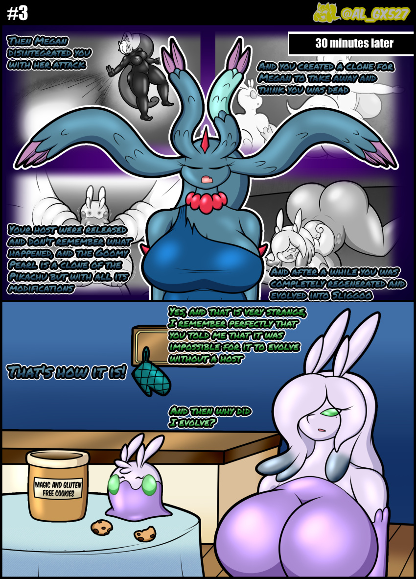 absurd_res al_gx ancient_pokemon anthro big_breasts blue_body bottomwear breasts casual_nudity clothing collar comic cookie daughter dialogue dragon eating english_text fan_character female feral flashback flutter_mane food generation_1_pokemon generation_6_pokemon generation_9_pokemon ghost goo_creature goomy grandmother grandparent hair hair_over_eye hi_res kitchen legendary_pokemon loincloth mature_female mega_evolution mega_mewtwo mega_mewtwo_y megan_(al_gx) mewtwo mother mother_and_child mother_and_daughter nintendo one_eye_obstructed opal_(al_gx) paradox_pokemon parent parent_and_child pearl_(al_gx) pokemon pokemon_(species) purple_body scales sliggoo slime spirit story text