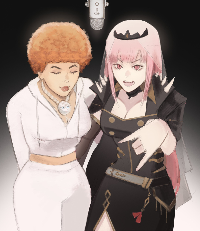 2girls \m/ absurdres afro belt black_belt black_cape black_dress black_sleeves breasts cape cleavage closed_eyes crossover detached_sleeves dress highres hololive hololive_english ice_spice jewelry large_breasts looking_at_viewer medium_breasts microphone mori_calliope multiple_girls necklace orange_hair pants pink_eyes pink_hair real_life see-through see-through_sleeves smile spiked_cape sweatpants thick_lips tiara v-shaped_eyebrows veil virtual_youtuber xyanaid