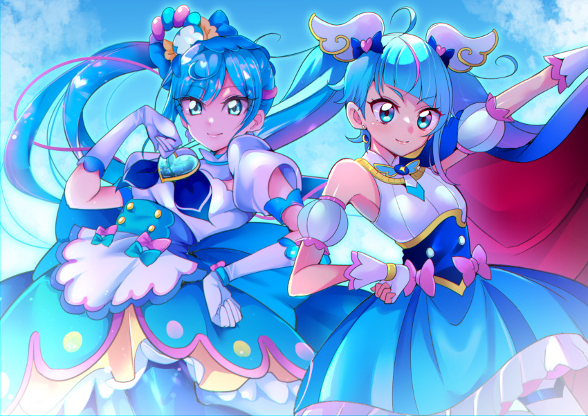 2girls absurdres ahoge apron aqua_eyes bangs blue_eyes blue_hair brooch closed_mouth color_connection commentary cure_sky cure_spicy delicious_party_precure detached_sleeves elbow_gloves fingerless_gloves fuwa_kokone gloves gradient_hair hand_on_hip heart_brooch highres hirogaru_sky!_precure huge_bow jewelry long_hair looking_at_viewer looking_to_the_side magical_girl mitsuki_tayura multicolored_hair multiple_girls precure puffy_detached_sleeves puffy_sleeves single_sidelock smile sora_harewataru standing white_gloves wing_hair_ornament