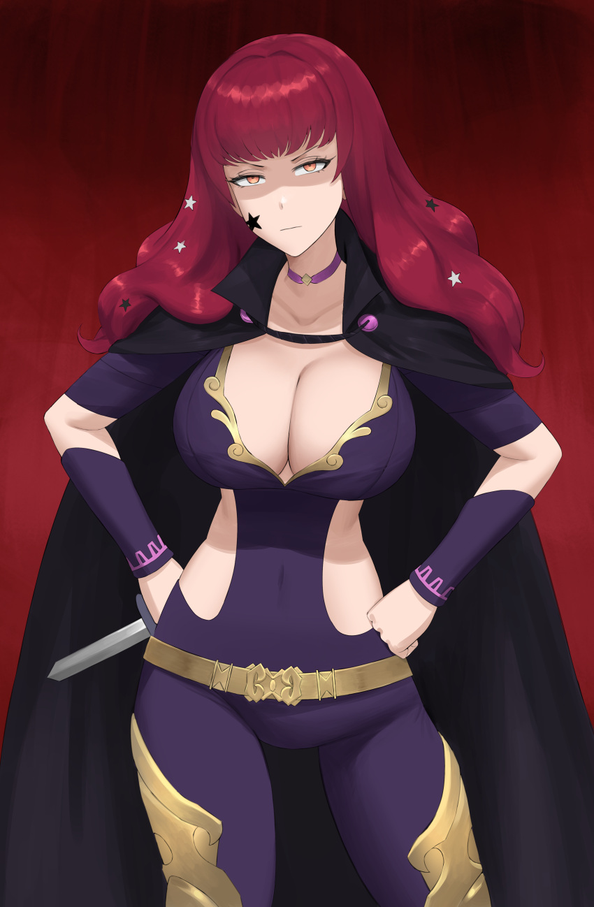 1girl absurdres belt black_cape breasts cape cleavage commentary covered_navel cowboy_shot dagger facial_mark fire_emblem fire_emblem_engage hands_on_hips highres holding holding_dagger holding_knife holding_weapon knife large_breasts long_hair looking_at_viewer orange_eyes red_background red_hair reverse_grip shaded_face short_sleeves shou_illust solo standing star_(symbol) thighs v-shaped_eyebrows weapon yellow_belt yunaka_(fire_emblem)