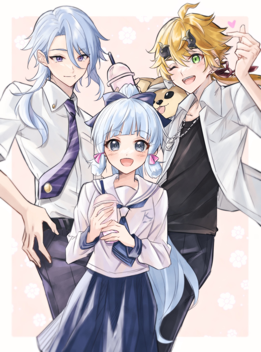 1girl 2boys :d ;d absurdres ahoge alternate_costume bangs black_pants black_shirt blonde_hair blue_bow blue_eyes blue_hair blue_necktie blue_skirt blunt_bangs blush border bow breast_pocket closed_mouth collared_shirt commentary_request cup disposable_cup dog dog_tags drinking_straw eyelashes fake_horns genshin_impact green_eyes hair_between_eyes hair_bow hair_over_shoulder hand_on_hip hand_up headband heart high_ponytail highres holding holding_cup horned_headwear horns jewelry kamisato_ayaka kamisato_ayato long_hair long_sleeves looking_at_viewer low_ponytail mizuamememe mole mole_under_mouth multiple_boys necklace necktie one_eye_closed open_clothes open_mouth open_shirt outside_border pants parted_bangs pink_background pleated_skirt pocket ponytail purple_eyes purple_necktie sailor_collar sailor_shirt school_uniform shiba_inu shirt shirt_tucked_in short_necktie short_sleeves sidelocks simple_background skirt sleeve_cuffs smile swept_bangs taroumaru_(genshin_impact) teeth thoma_(genshin_impact) upper_teeth_only very_long_hair white_border white_sailor_collar white_shirt wing_collar