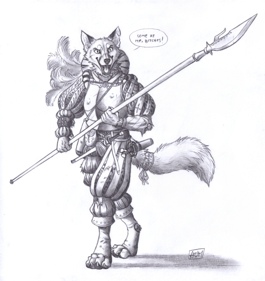 0laffson anthro armor canid canine digitigrade fox glaive hi_res landsknecht male mammal melee_weapon monochrome polearm solo weapon
