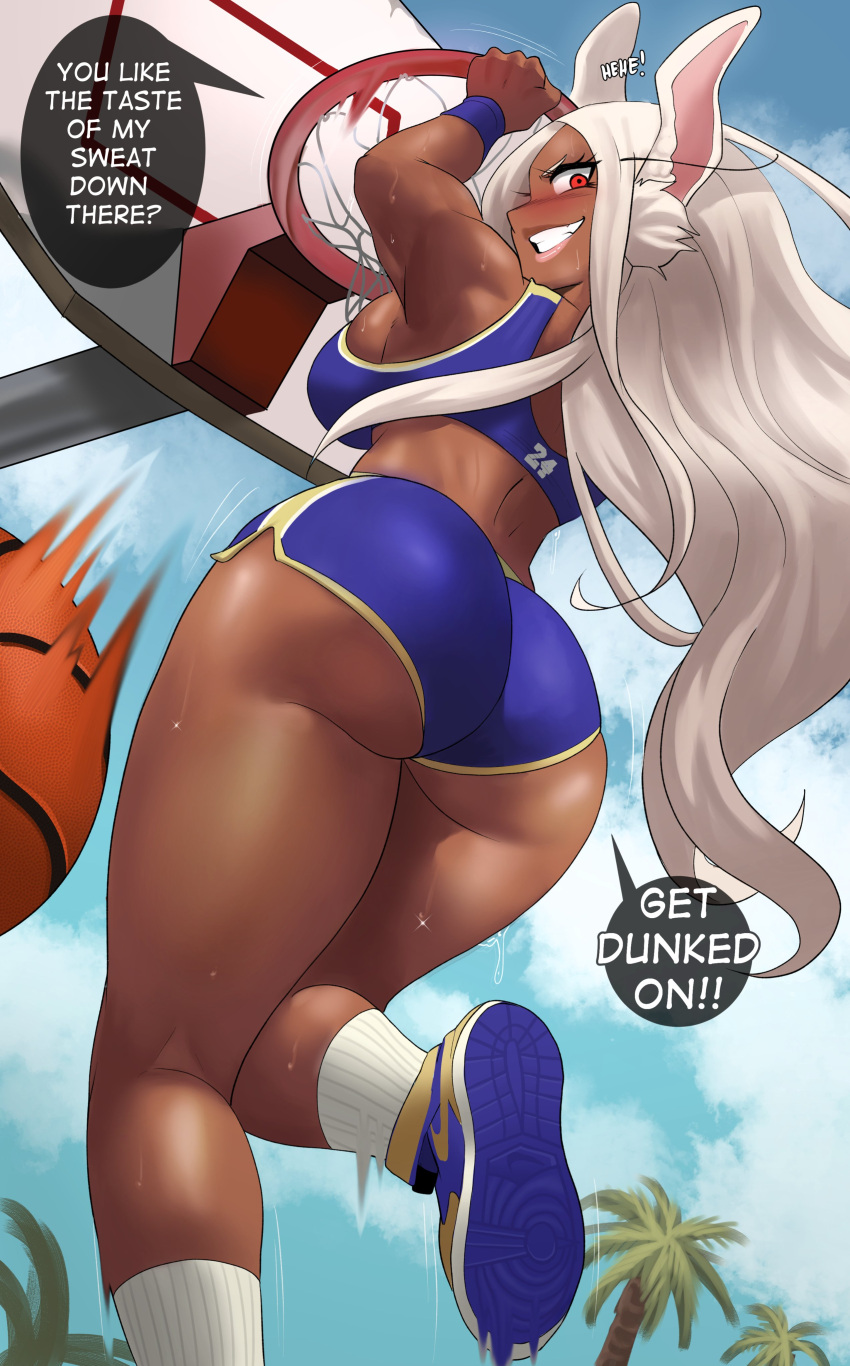 1girl :d absurdres animal_ears ass back bangs bare_shoulders basket basketball basketball_hoop blue_footwear blue_shorts blue_sports_bra blue_wristband blush boku_no_hero_academia breasts dark-skinned_female dark_skin echo_saber english_text from_behind from_below high_tops highres holding large_breasts long_eyelashes long_hair looking_at_viewer mirko motion_lines nike outdoors palm_tree parted_bangs playing_sports rabbit_ears rabbit_girl rabbit_tail red_eyes shoes short_shorts shorts sky smile sneakers socks solo speech_bubble sports_bra sportswear tail teeth thick_thighs thighs tree very_long_hair white_hair white_socks