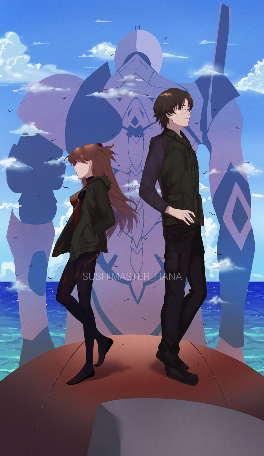 1boy 1girl absurdres aida_kensuke back-to-back bangs breasts brown_hair day eva_02 evangelion:_3.0+1.0_thrice_upon_a_time glass hair_ornament hairclip hana_(sushimaster) hand_in_pocket hand_on_hip highres hood hooded_jacket jacket long_hair neon_genesis_evangelion plugsuit rebuild_of_evangelion souryuu_asuka_langley standing