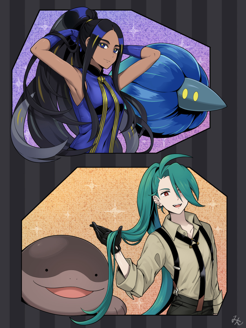 2girls :d alternate_hairstyle black_hair black_necktie black_pants blue_eyes blue_gloves blue_shirt breasts clodsire closed_mouth collared_shirt commentary_request dark-skinned_female dark_skin earrings geeta_(pokemon) glimmora gloves green_hair highres jewelry long_hair min_(myna8247) multiple_girls neck_ribbon necktie no_jacket open_mouth pants pokemon pokemon_(creature) pokemon_(game) pokemon_sv ponytail ribbon rika_(pokemon) shirt sleeveless sleeveless_shirt smile suspenders teeth upper_teeth_only yellow_pupils yellow_ribbon