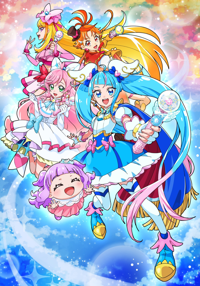 1boy 4girls :d ascot baby bangs big_hair black_headwear blonde_hair blue_cape blue_footwear blue_hair bow braid butterfly_hair_ornament cape closed_eyes cloud cloudy_sky commentary cure_butterfly cure_prism cure_sky cure_wing cut_bangs dress elbow_gloves ellee-chan fingerless_gloves floating foreshortening fringe_trim gloves green_eyes hair_bow hair_ornament hat highres hijiri_ageha hirogaru_sky!_precure holding holding_wand legs_up long_hair looking_at_viewer magical_girl midriff mini_hat mini_top_hat multicolored_hair multicolored_sky multiple_girls nijigaoka_mashiro open_mouth orange_hair pink_bow pink_gloves pink_hair pink_shirt pink_skirt precure purple_eyes purple_hair red_cape red_eyes shirt shoes short_dress skirt sky sky_mirage sleeveless sleeveless_dress smile sora_harewataru star_(sky) starry_sky streaked_hair thighhighs tilted_headwear top_hat tsukikage_oyama twin_braids twintails two-sided_cape two-sided_fabric two-tone_hair very_long_hair wand white_ascot white_bow white_dress white_gloves white_thighhighs wing_hair_ornament