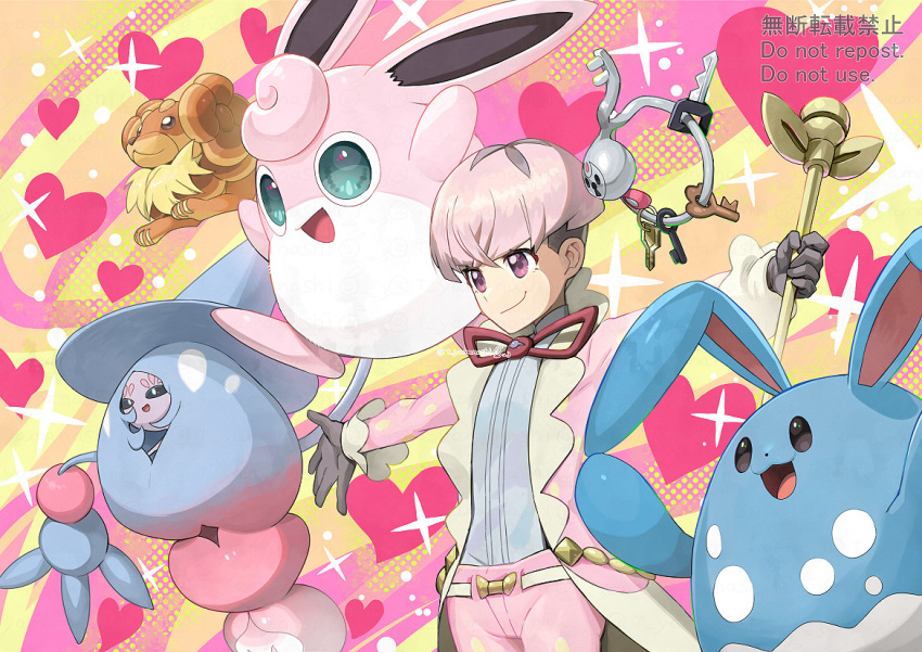 1boy azumarill bangs closed_mouth coat commentary_request dachsbun gloves grey_gloves grey_shirt hatterene heart holding klefki male_focus neck_ribbon open_clothes open_coat ortega_(pokemon) outstretched_arms pants pink_coat pink_hair pink_pants pokemon pokemon_(creature) pokemon_(game) pokemon_sv purple_eyes red_ribbon ribbon shirt short_hair smile team_star watermark wigglytuff yamanashi_taiki