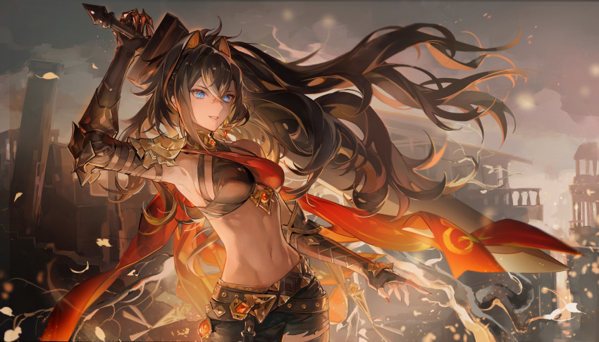 1girl arm_up armpits asymmetrical_clothes backlighting belt blue_eyes breasts bright_pupils brown_hair clawed_gauntlets cowboy_shot criss-cross_halter dehya_(genshin_impact) earrings fingerless_gloves floating_hair gauntlets genshin_impact gloves hair_intakes halterneck highres holding holding_sword holding_weapon jewelry long_hair looking_at_viewer medium_breasts midriff navel noir_(ibaraki) outdoors parted_lips red_scarf scarf single_earring single_fingerless_glove single_gauntlet solo standing sword very_long_hair weapon