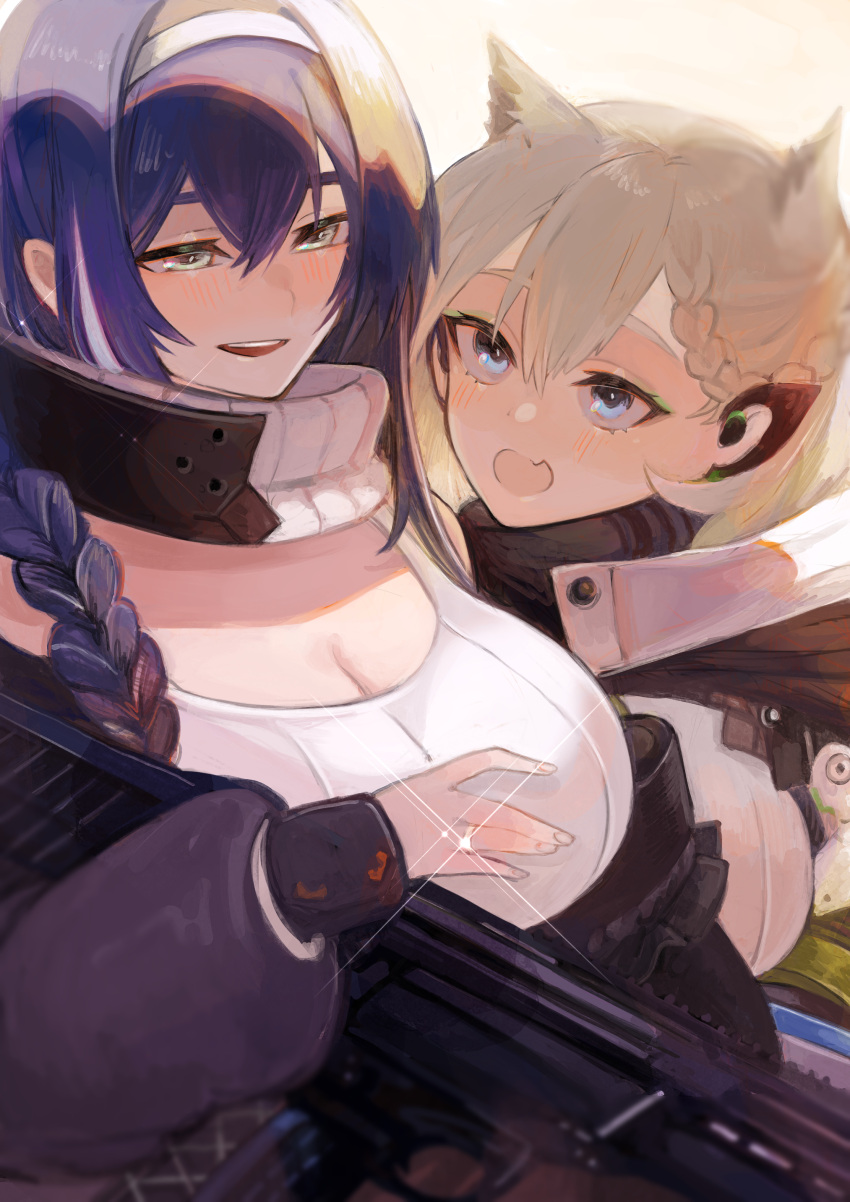 2girls aaoshigatoutoi absurdres animal_ears blue_eyes blue_hair braid breasts cleavage commentary_request dp-12_(girls'_frontline) earpiece fang girls'_frontline grey_eyes grey_hair hair_between_eyes hair_over_shoulder highres jacket jewelry ksvk_(girls'_frontline) large_breasts long_hair long_sleeves looking_at_another multiple_girls open_mouth ring skin_fang smile standard_manufacturing_dp-12