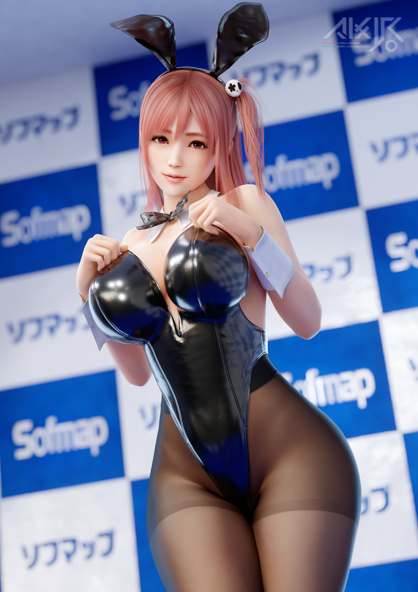 3d akiryo ass bikini breasts cleavage dead_or_alive hand_on_own_chest highres honoka_(doa) leather_bikini leather_suit long_hair looking_at_viewer neck pink_hair playboy_bunny red_eyes swimsuit thighs