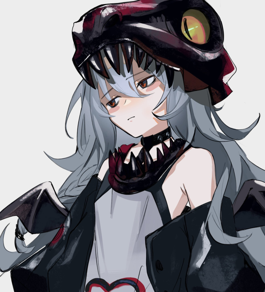 1girl armpits bare_shoulders blush_stickers chesed_(uporyz) commentary dinosaur dinosaur_hat g11_(dragon_jr.)_(girls'_frontline) g11_(girls'_frontline) girls'_frontline grey_background grey_hair hair_between_eyes highres jacket long_hair off_shoulder official_alternate_costume red_eyes simple_background solo upper_body