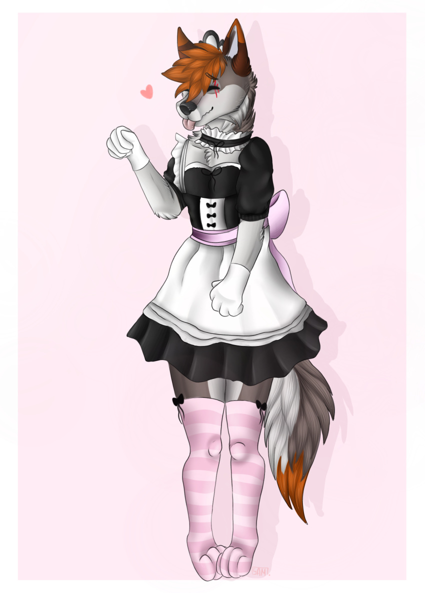 accessory anthro armwear blush bow_(feature) bow_accessory bow_ribbon canid canine canis clothed clothing cute_expression digital_media_(artwork) domestic_dog dress eyes_closed fur girly gloves hair hair_accessory handwear hi_res invalid_tag legwear maid_apron maid_hat maid_headdress maid_uniform male mammal samuelwolfo simple_background smile solo solo_focus thigh_highs tongue tongue_out topwear uniform wolf