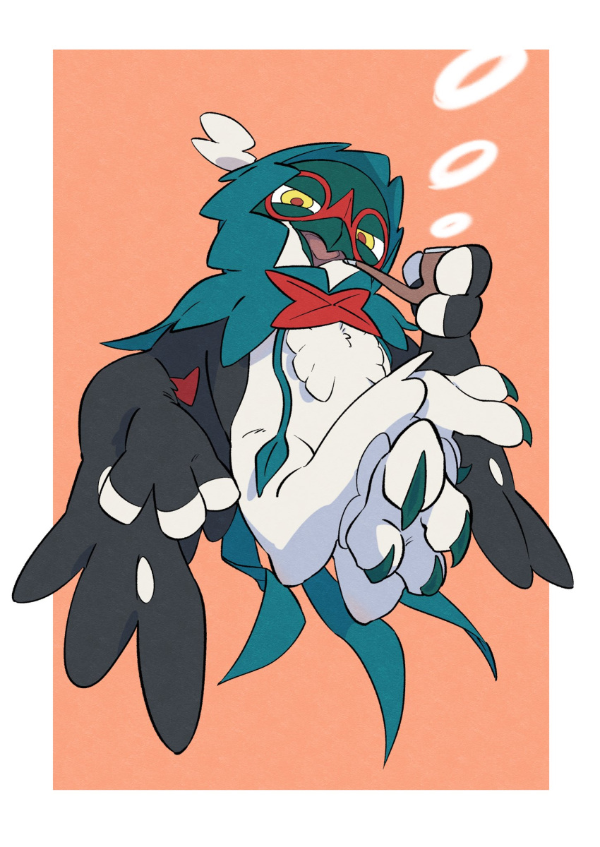 border brown_pupils commentary_request full_body highres hisuian_decidueye holding holding_smoking_pipe looking_at_viewer no_humans open_mouth pkpokopoko3 pokemon pokemon_(creature) smoke_ring smoking_pipe solo talons tongue white_border yellow_eyes