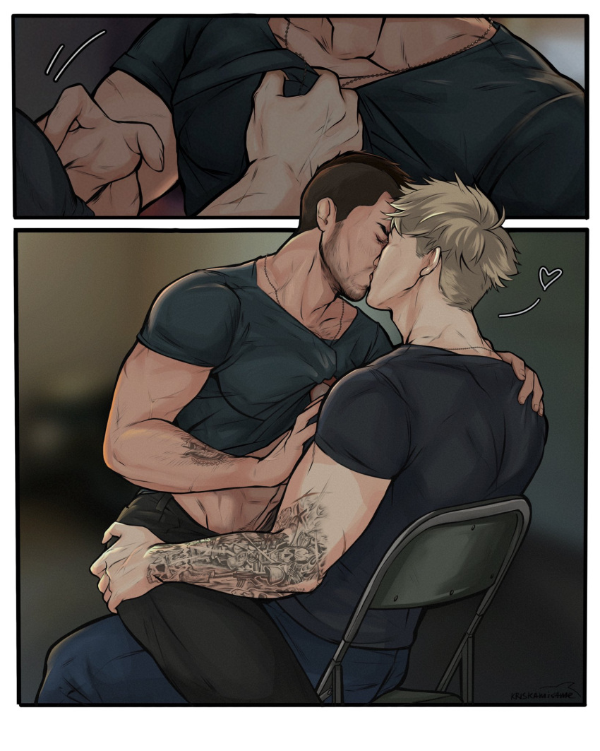 2boys abs arm_tattoo bara black_hair black_pants black_shirt blonde_hair call_of_duty call_of_duty:_modern_warfare_2 chair closed_eyes clothes_lift couple ghost_(modern_warfare_2) heart highres kiss kriskamisame large_pectorals male_focus multiple_boys muscular muscular_male pants pectorals shirt shirt_lift short_hair sidecut sitting sitting_on_person soap_(modern_warfare_2) tattoo yaoi