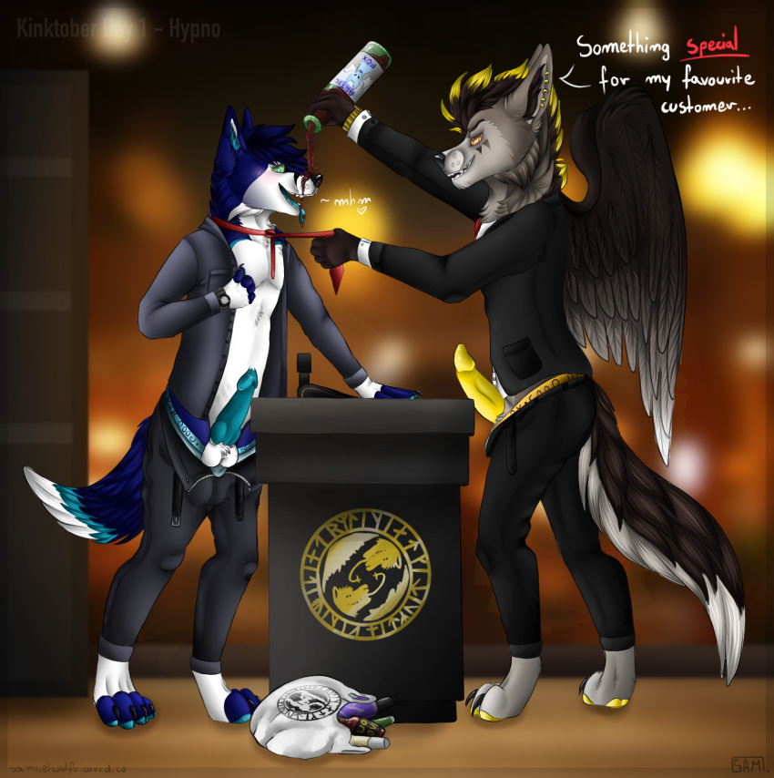 aardwolf alcohol alcoholic_drink anthro balls beverage bottomwear canid canine canis chik0 clothed clothing digital_media_(artwork) drinking dripping drunk drunk_sex duo english_text erection fox fur genitals hi_res hyena hypnosis hypnotic_eyes knot looking_at_another male male/male mammal mind_control necktie pants penis poking_out pulling pulling_pants_down samuelwolfo simple_background slyepoi smile standing substance_intoxication tenting text tongue tongue_out undressed undressing undressing_partner undressing_self wings wolf