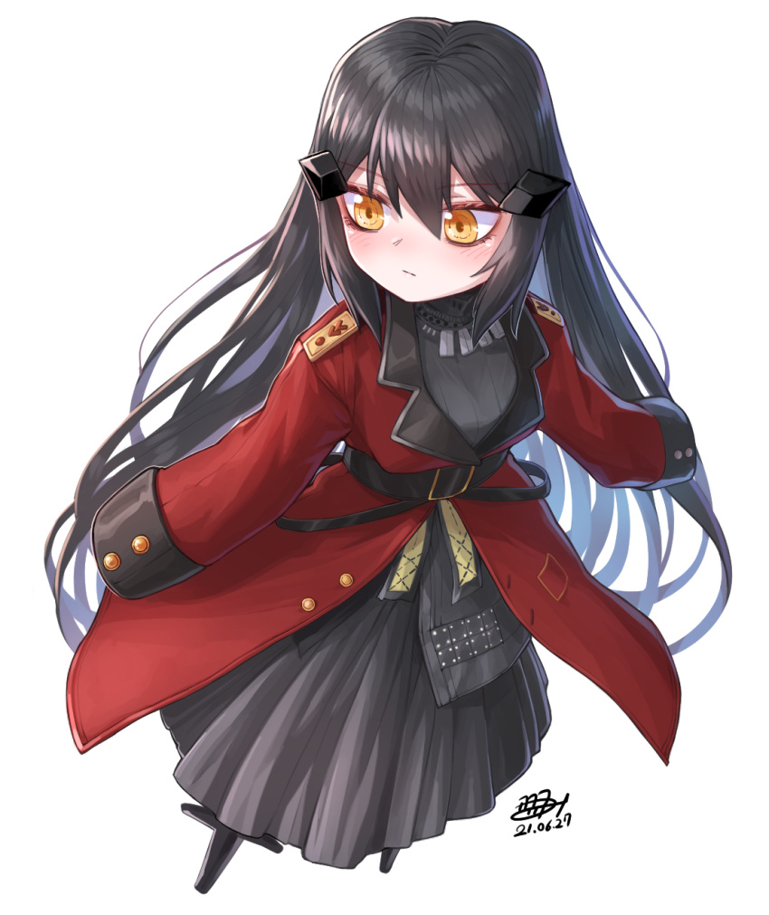 1girl black_dress black_hair blush commentary_request dandelion_(girls'_frontline) dated dress expressionless full_body girls'_frontline griffin_&amp;_kryuger_military_uniform hair_between_eyes headgear highres jacket kokukyukeo korean_commentary long_hair long_sleeves looking_away red_jacket simple_background sleeves_past_wrists solo white_background yellow_eyes