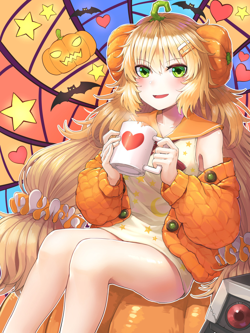 1girl absurdres bat_(animal) blonde_hair commentary_request cup dinergate_(girls'_frontline) dress feet_out_of_frame food-themed_hair_ornament girls'_frontline green_eyes hair_ornament hairclip halloween heart highres holding holding_weapon jack-o'-lantern kokukyukeo korean_commentary mug off_shoulder official_alternate_costume on_pumpkin open_mouth orange_dress orange_sweater pumpkin pumpkin_hair_ornament s.a.t.8_(girls'_frontline) s.a.t.8_(pumpkin_skewers)_(girls'_frontline) sitting sleeveless sleeveless_dress smile solo star_(symbol) sweater weapon