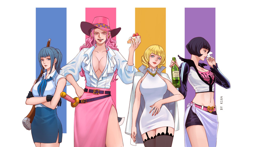 4girls aged_down arm_at_side artist_name bangs bare_arms belt black_eyes black_hair blonde_hair blowing_smoke blue_eyes blue_hair blue_skirt bottle breasts cake cake_slice charlotte_linlin cigarette cleavage closed_mouth collarbone collared_shirt cowboy_shot cropped_jacket crossed_arms dress earrings expressionless food garter_straps gloves gun hand_on_hip hand_up hands_up hat height_difference high_ponytail highres holding holding_bottle holding_cake holding_cigarette holding_food jacket jacket_on_shoulders jewelry k164 large_breasts light_smile lips long_hair long_sleeves looking_at_viewer mature_female medium_hair midriff miniskirt multiple_girls nail_polish navel neckerchief necklace one_piece parted_lips pencil_skirt pink_eyes pink_hair pink_nails pink_skirt plunging_neckline red_nails sarong shakuyaku_(one_piece) shirt short_dress short_hair shorts side_slit skirt sleeveless sleeveless_dress smile smoke smoking stomach stussy_(one_piece) sword tall_female tsuru_(one_piece) weapon white_dress white_jacket white_shirt wing_collar zettai_ryouiki