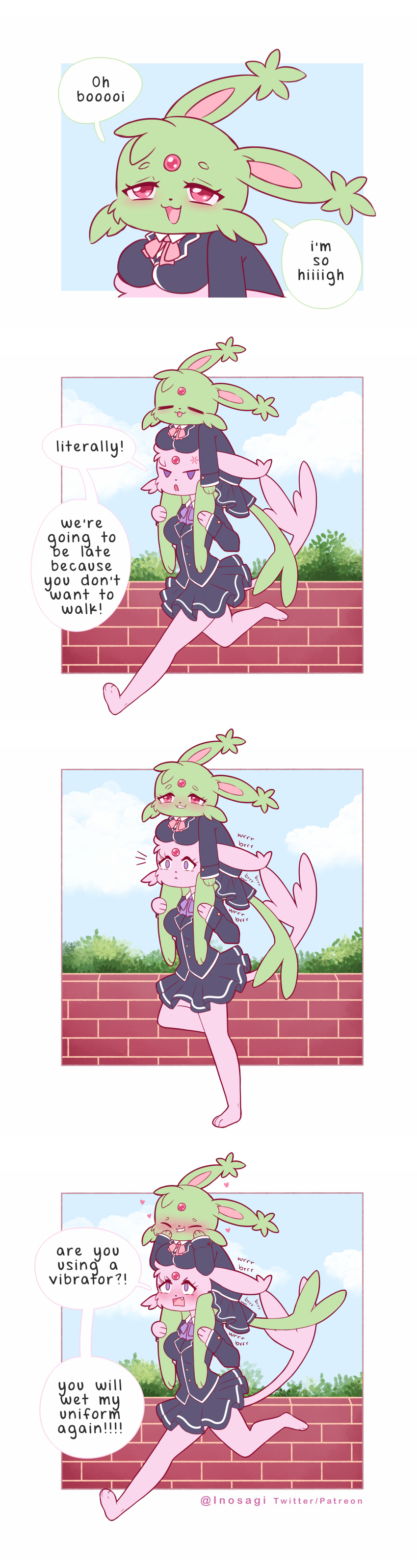 absurd_res anthro bottomwear clothing comic dialogue duo eeveelution espeon female female/female fur generation_2_pokemon green_body green_fur hi_res inosagi nintendo outside pink_body pink_fur pokemon pokemon_(species) school_uniform skirt uniform