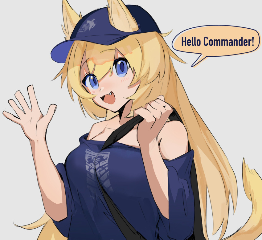 1girl :d animal_ears bare_shoulders between_breasts blonde_hair blue_eyes blue_shirt blush breasts chesed_(uporyz) commentary dog_ears dog_tail english_text eyes_visible_through_hair fang girls'_frontline grey_background hair_between_eyes hat highres long_hair looking_at_viewer m500_(daydreaming_in_class)_(girls'_frontline) m500_(girls'_frontline) medium_breasts open_mouth shirt simple_background smile solo speech_bubble tail upper_body waving