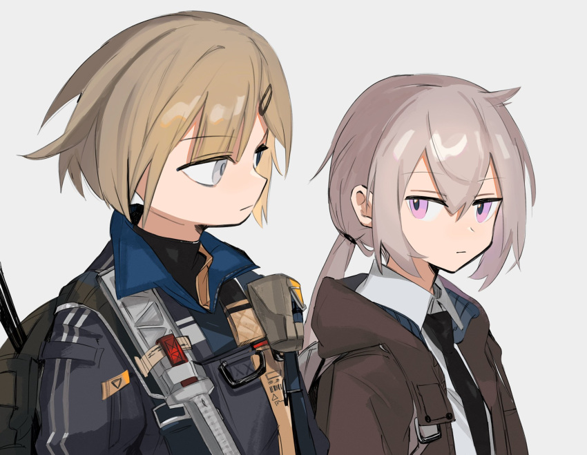 2girls ahoge black_eyes black_necktie blonde_hair chesed_(uporyz) collared_shirt commentary creator_connection expressionless girls'_frontline grey_background grey_eyes grey_hair hair_between_eyes hair_ornament hairclip heterochromia highres jacket long_hair looking_at_another m200_(girls'_frontline) mg338_(girls'_frontline) multiple_girls necktie ponytail purple_eyes shirt short_hair upper_body white_shirt