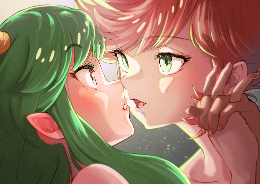 2girls arakan benten_(urusei_yatsura) close-up commentary_request eye_contact eyelashes fingernails green_eyes green_hair holding_hands horns imminent_kiss interlocked_fingers long_hair looking_at_another lower_teeth_only lum multiple_girls noses_touching oni oni_horns open_mouth parted_lips partial_commentary pink_eyes pink_nails pointy_ears short_hair teeth urusei_yatsura yellow_eyes yellow_horns yuri